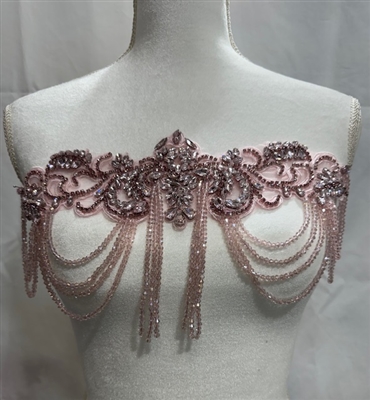 RHS-APL-083-PINK.  Pink Crystal Rhinestone Applique with Pink Beads - 14" x 8"