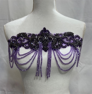 RHS-APL-083-PURPLE  Purple Crystal Rhinestone Applique with Purple Beads - 14" x 8"