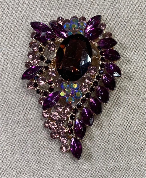 BRO-RHS-442-GOLDPURPLE.  Gold Purple Rhinestone Brooch