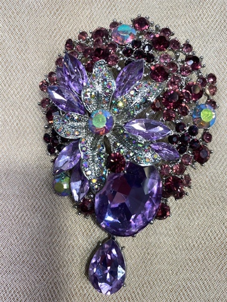 BRO-RHS-446-SILVERPURPLE.  Silver Metal -Purple and AB Stones - Rhinestone Brooch