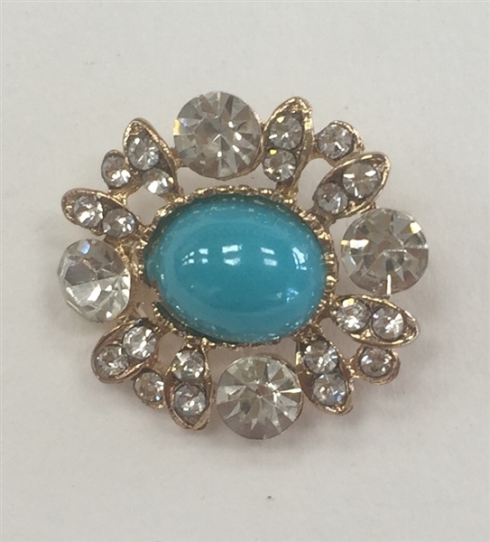 BTN-RHS-113-GOLD-B - BLUE PEARL AND CLEAR RHINESTONE BUTTON; 3/4 INCH - Boton con diamante imitacion