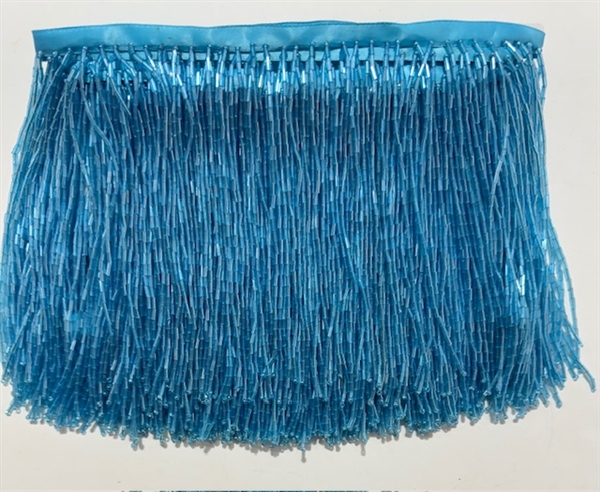 FRI-BED-107-BLUE. Beaded Fringe - Blue Color - 6" Wide - On Blue Tape - 1 yard