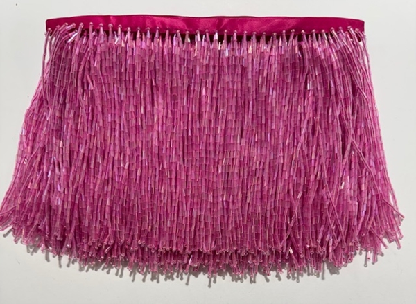 FRI-BED-107-FUCHSIA. Beaded Fringe - Fuchsia Color - 6" Wide - On Pink Tape - 1 yard