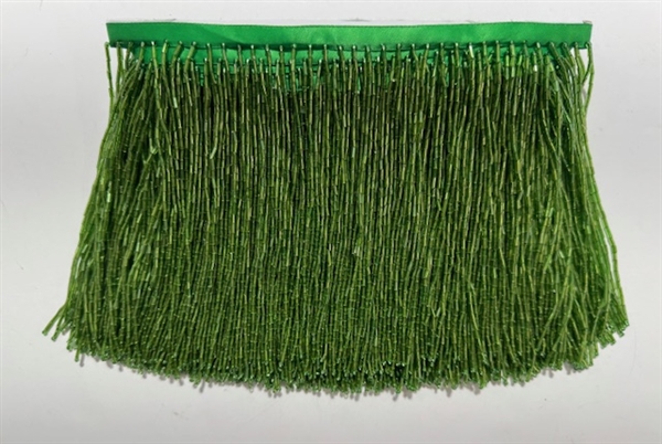 FRI-BED-107-GREEN. Beaded Fringe - Green Color - 6" Wide - On Green Tape - 1 yard