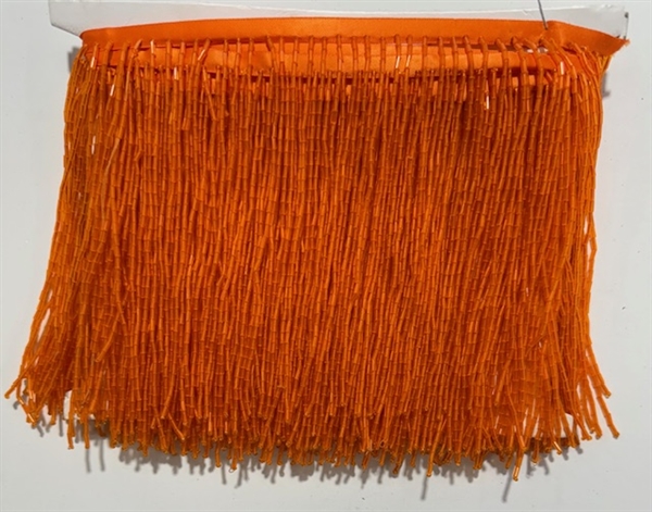 FRI-BED-107-ORANGE.  Beaded Fringe - Orange Color - 6" Wide - On Orange Tape - 1 yard