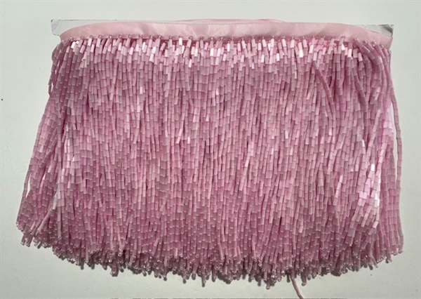 FRI-BED-107-PINK. Beaded Fringe - Pink Color - 6" Wide - On Pink Tape - 1 yard