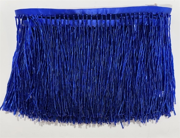 FRI-BED-107-ROYALBLUE. Beaded Fringe - Royal Blue Fringe - 6" Wide - On Royal Blue Tape - 1 yard