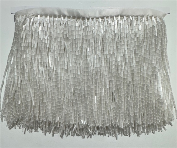 FRI-BED-107-WHITE. Beaded Fringe - White Color - 6" Wide - On White Tape - 1 yard