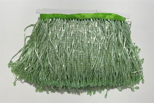 FRI-BED-109-APPLEGREEN. Beaded Fringe - Apple GreenColor - 6" Wide - On Green Tape - 1 yard