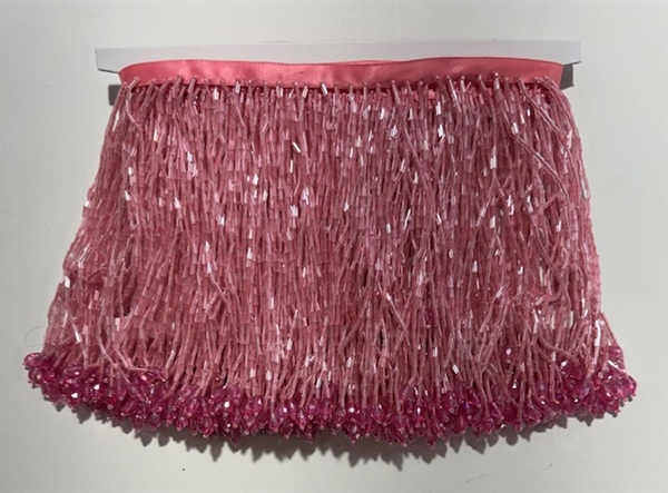 FRI-BED-109-PINK. Beaded Fringe - Pink Color - 6" Wide - On Pink Tape - 1 yard