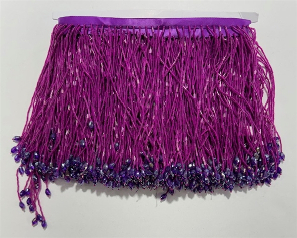 FRI-BED-109-PURPLE. Beaded Fringe - Purple Color - 6" Wide - On Purple Tape - 1 yard