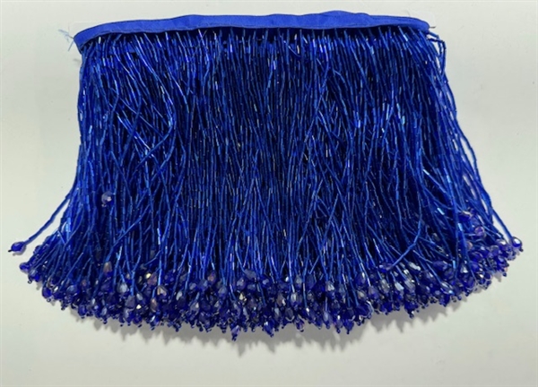 FRI-BED-109-ROYALBLUE. Beaded Fringe - Royal Blue Color - 6" Wide - On Royal Blue Tape - 1 yard