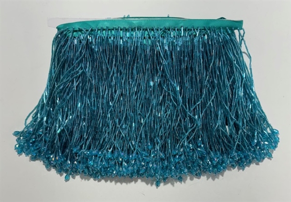 FRI-BED-109-TEAL. Beaded Fringe - Teal Color - 6" Wide - On Teal Tape - 1 yard