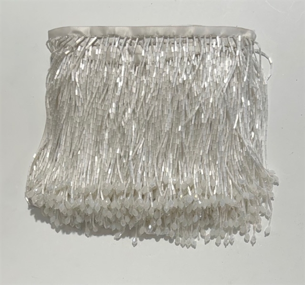 FRI-BED-109-WHITE. Beaded Fringe - White Color - 6" Wide - On White Tape - 1 yard