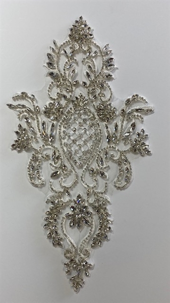 RHS-APL-005-SILVER.  Sew-On Clear Crystal Rhinestone Applique -  14.5 x 8 Inches. Made with high quality clear crystals sewn on a white fabric mesh.