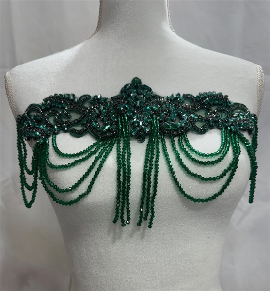 RHS-APL-083-GREENE  Green Crystal Rhinestone  Applique with Breen Beads - 14" x 8"