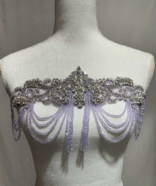 RHS-APL-083-LILAC. Clear Crystal Rhinestone Applique with Lilac Beads - 14" x 8"