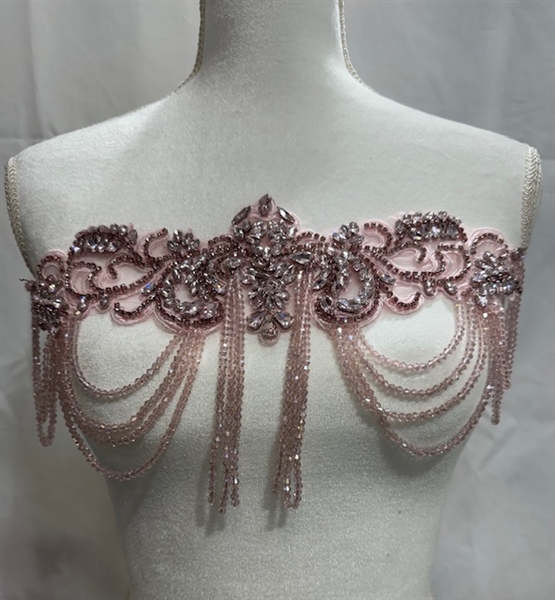 RHS-APL-083-PINK.  Pink Crystal Rhinestone Applique with Pink Beads - 14" x 8"