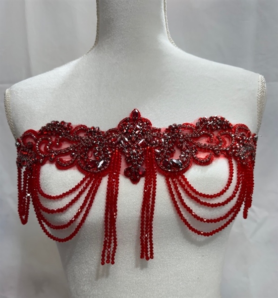 RHS-APL-083-RED  Red Crystal Rhinestone Applique with Red Beads - 14" x 8"