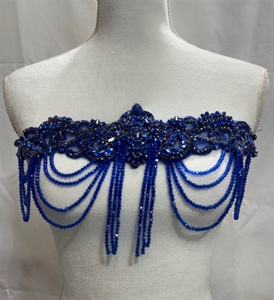 RHS-APL-083-ROYALBLUE Royal Blue Crystal Rhinestone Applique with Royal Blue Beads - 14" x 8"