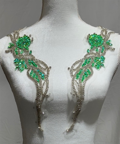 RHS-APL-W3303-GREENSILVER-PAIR. Green and Clear Crystal Rhinestone Applique with Silver Beads on a Shear White Tulle- 15" x 3" Each Piece.