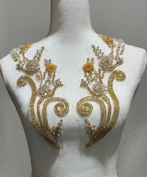 RHS-APL-W3315-GOLD-PAIR. Gold Crystal Rhinestone Applique on a Shear White Tulle- 12" x 4" Each Piece.