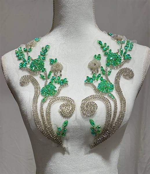 RHS-APL-W3315-GREENSILVER-PAIR. Green Silver Crystal Rhinestone Applique on a Shear White Tulle- 12" x 4" Each Piece.