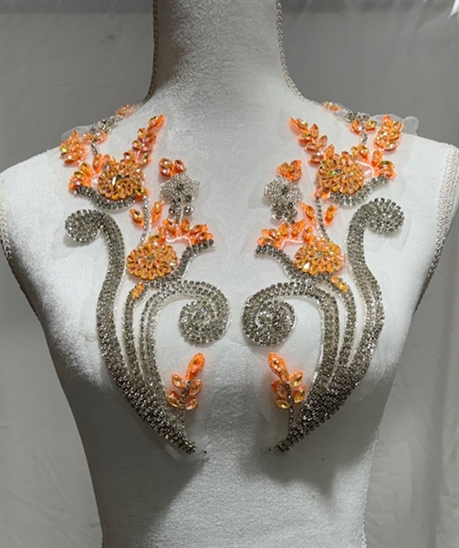 RHS-APL-W3315-ORANGESILVER-PAIR. Orange and Silver Crystal Rhinestone Applique on a Shear White Tulle- 12" x 4" Each Piece.