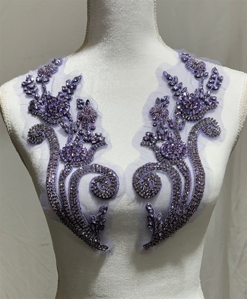 RHS-APL-W3315-PURPLE-PAIR. Purple Crystal Rhinestone Applique on a Shear White Tulle- 12" x 4" Each Piece.