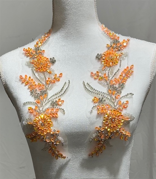 RHS-APL-W3317-ORANGE-PAIR. Orange Rhinestone Applique with Clear Crystals and Silver Beads on a Shear White Tulle- 13" x 5" Each Piece.