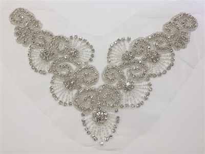 RHS-APL-655-SILVER.  Sew-On Clear Crystal Rhinestone Applique - On Net - Silver Beads - 10 X 5.5 Inches