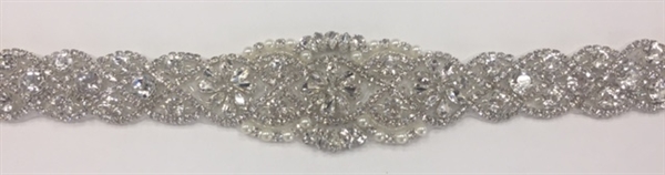 RHS-APL-032-GOLD. Clear Rhinestone Applique with Gold Beads V-Neck Style -  Hot Fix (Iron-On). 11 x 4.5 Inches