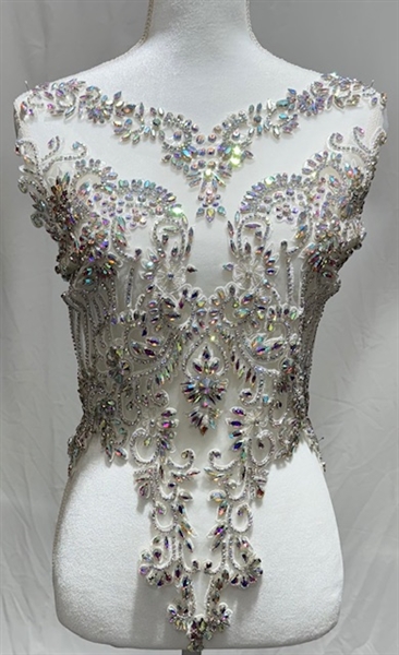 RHS-BOD-WA069-AB. AB Crystal Rhinestone Bodice with Silver Beads And White Embroidery on a Shear White Tulle- 24" x 16".