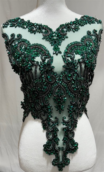 RHS-BOD-WA069-EMERALD.  Emerald and Black Crystal Rhinestone Bodice with Green Beads And Deep Green Embroidery on a Shear Green Tulle- 24" x 16".