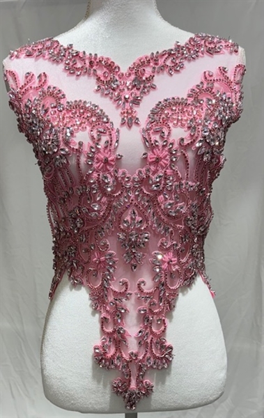 RHS-BOD-WA069-PINK. Rose Crystal Rhinestone Bodice with Pink Beads And Pink Embroidery on a Shear Pink Tulle- 24" x 16".