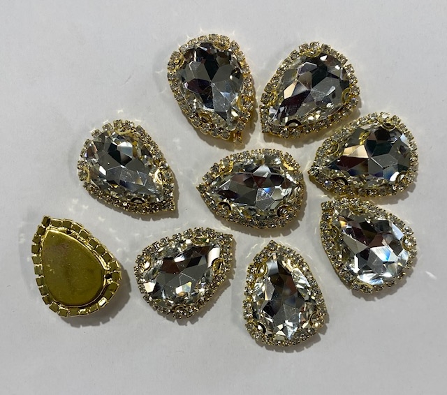 Sew on Tear Drop Clear Glass Crystal Shape Rhinestones With Gold  Claw-Catcher Made of Brass - 7X10 mm - 10 Pieces